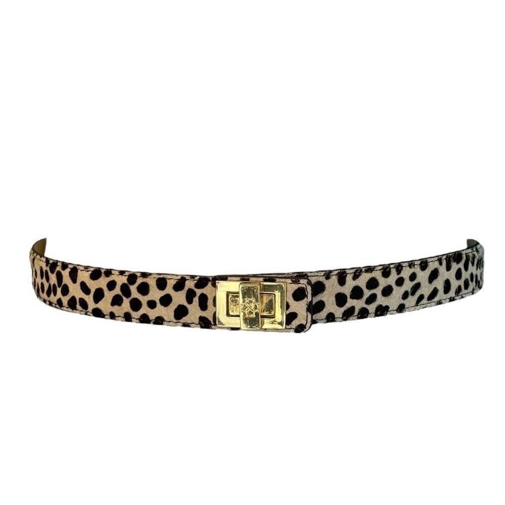 Ann Taylor Belt Tan Black Leopard Print Calf Hair Genuine Leather Gold Metal